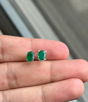Natural Emerald Scroll Stud Earrings 7x5mm Oval 1.20-1.60 Cts AA Grade in Platinum | May Birthstone | Genuine Emerald Jewelry