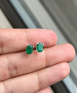 Natural Emerald Scroll Stud Earrings 7x5mm Oval 1.20-1.60 Cts AA Grade in Platinum | May Birthstone | Genuine Emerald Jewelry