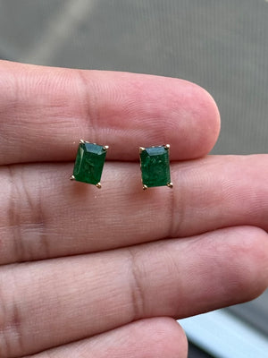 Natural Emerald Stud Earrings 7x5mm AA Quality in 14K Yellow Gold | 1.83-2.25 Cts | May Birthstone Jewelry | Classic Scroll Setting