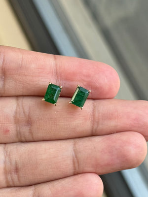 Natural Emerald Stud Earrings 7x5mm AA Quality in 14K Yellow Gold | 1.83-2.25 Cts | May Birthstone Jewelry | Classic Scroll Setting