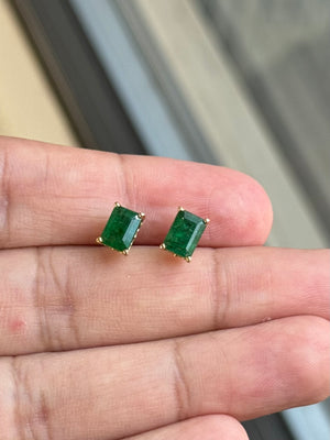 Natural Emerald Stud Earrings 7x5mm AA Quality in 14K Yellow Gold | 1.83-2.25 Cts | May Birthstone Jewelry | Classic Scroll Setting