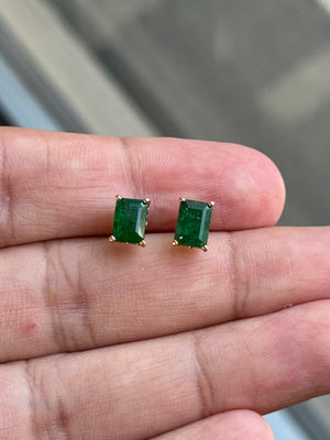 Natural Emerald Stud Earrings 7x5mm AA Quality in 14K Yellow Gold | 1.83-2.25 Cts | May Birthstone Jewelry | Classic Scroll Setting