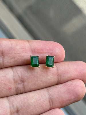 Natural Emerald Stud Earrings 7x5mm AA Quality in 14K Yellow Gold | 1.83-2.25 Cts | May Birthstone Jewelry | Classic Scroll Setting
