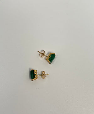 Natural Emerald Stud Earrings 8x6mm AA Quality in 14K Yellow Gold | 2.75-3.47 Cts | May Birthstone Jewelry | Classic Scroll Setting