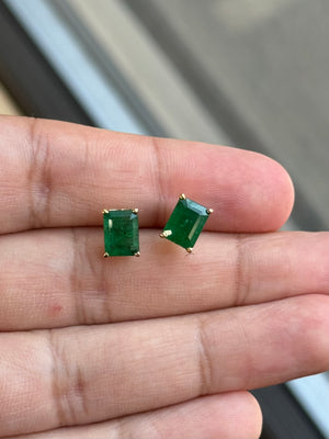 Natural Emerald Stud Earrings 8x6mm AA Quality in 14K Yellow Gold | 2.75-3.47 Cts | May Birthstone Jewelry | Classic Scroll Setting