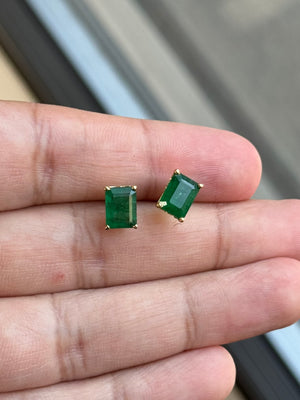 Natural Emerald Stud Earrings 8x6mm AA Quality in 14K Yellow Gold | 2.75-3.47 Cts | May Birthstone Jewelry | Classic Scroll Setting