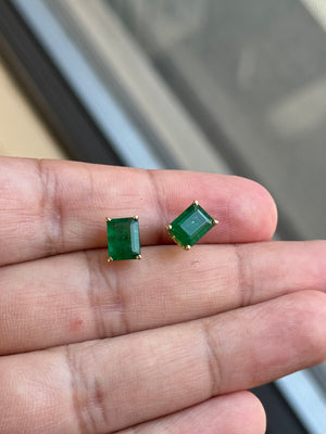 Natural Emerald Stud Earrings 8x6mm AA Quality in 14K Yellow Gold | 2.75-3.47 Cts | May Birthstone Jewelry | Classic Scroll Setting