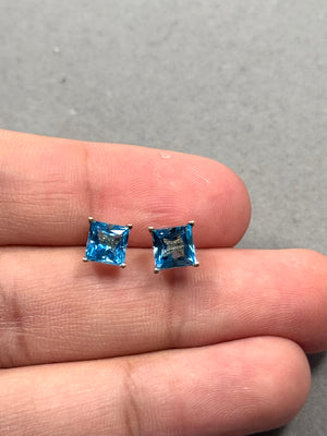 Swiss Blue Topaz Stud Earrings 14K Yellow Gold | Princess Cut AAA Blue Topaz Earrings 2.43–2.70 Ct | Genuine Blue Topaz Jewelry Gift for Her