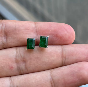 Natural Emerald Stud Earrings 18K White Gold – 7x5mm Emerald Cut AA Grade – Scroll Design – 1.83-2.25 CT – May Birthstone Jewelry