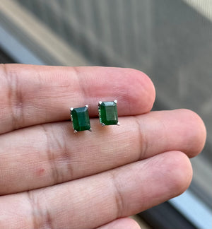Natural Emerald Stud Earrings 18K White Gold – 7x5mm Emerald Cut AA Grade – Scroll Design – 1.83-2.25 CT – May Birthstone Jewelry
