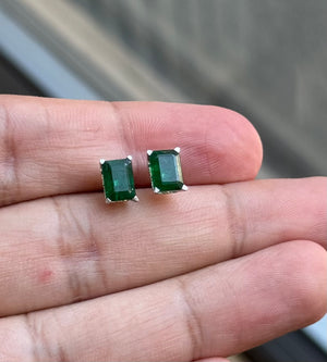Natural Emerald Stud Earrings 18K White Gold – 7x5mm Emerald Cut AA Grade – Scroll Design – 1.83-2.25 CT – May Birthstone Jewelry