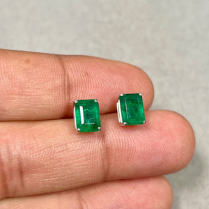 Natural Emerald Stud Earrings 14K White Gold | 8x6mm Emerald Cut AA 2.75–3.80 Ct | Green Emerald Earrings Gift