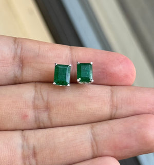 Natural Emerald Stud Earrings 18K White Gold – 8x6mm Emerald Cut AA Grade – Scroll Design – 2.75-3.47 CT – May Birthstone Jewelry