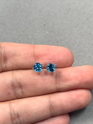 Swiss Blue Topaz Stud Earrings 14K White Gold | Round Cut AAA Blue Topaz Studs 1.75–2.25 Cts | Natural Blue Gemstone Earrings Gift for Her
