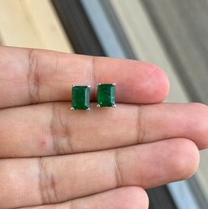 Natural Emerald Stud Earrings 18K White Gold – 8x6mm Emerald Cut AA Grade – Scroll Design – 2.75-3.47 CT – May Birthstone Jewelry