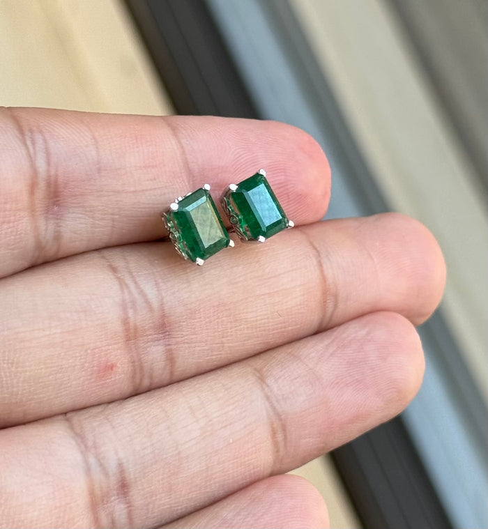 Natural Emerald Stud Earrings 18K White Gold – 8x6mm Emerald Cut AA Grade – Scroll Design – 2.75-3.47 CT – May Birthstone Jewelry