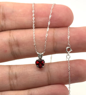 6mm Natural Garnet Heart Pendant | 14K White Gold AAA Heart Solitaire Necklace Gift for Her