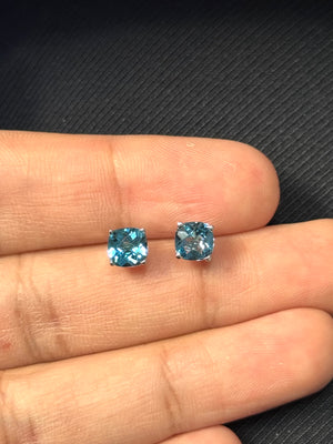 Swiss Blue Topaz Stud Earrings 14K White Gold Screw Back | 6mm Cushion Checkerboard AAA Blue Topaz Studs 1.78 Cts | Earrings for Daily Wear