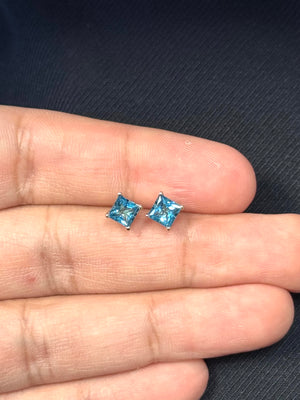 Swiss Blue Topaz Stud Earrings 14K Yellow Gold | Princess Cut AAA Blue Topaz Studs 1.70–1.85 Ct | Blue Gemstone Earrings Gift for Her