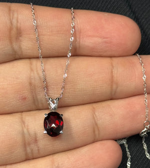 Oval Garnet Scroll Pendant 14K White Gold | AAA Checkered Garnet 2.00–2.85 Cts | Red Gemstone Pendant with 18 Inch Chain
