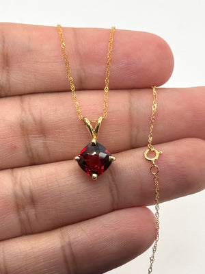 8 mm Natural Garnet Pendant | 14K Yellow Gold AAA Cushion Checkered Board Solitaire Necklace Gift for Her