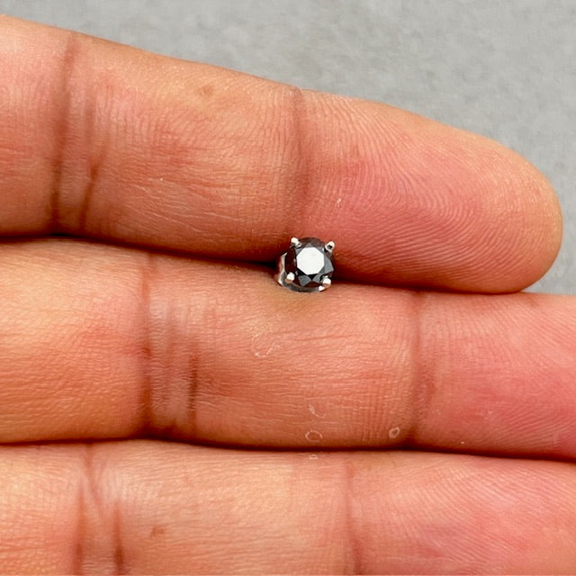 1/2 Ct Round Black Diamond Men’s Stud Earring in 18K White Gold, Solitaire 4 Prong Black Diamond Earring, 0.48-0.60 Ct Single Earring