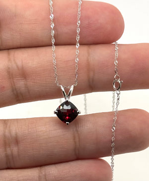 7 mm Natural Garnet Pendant | 14K White Gold AAA Cushion Checkered Board Solitaire Necklace Gift for Her