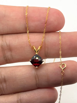 7 mm Natural Garnet Pendant | 14K Yellow Gold AAA Cushion Checkered Board Solitaire Necklace Gift for Her
