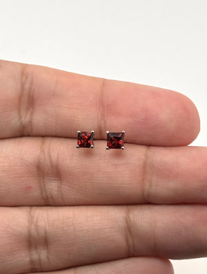 4 mm Natural Garnet Stud Earrings | 14K White Gold AAA Princess Cut Gemstone Earrings Gift for Her