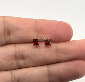 4 mm Natural Garnet Stud Earrings | 14K Yellow Gold AAA Princess Cut Gemstone Earrings Gift for Her