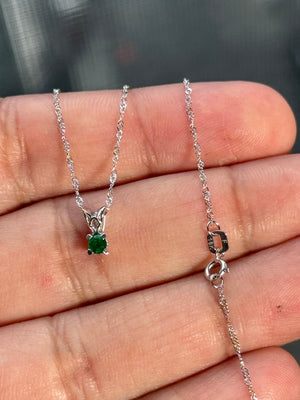 3mm Natural Emerald Pendant in Platinum – AA Quality Round Scroll Solitaire – 18K White Gold Chain – May Birthstone Gift