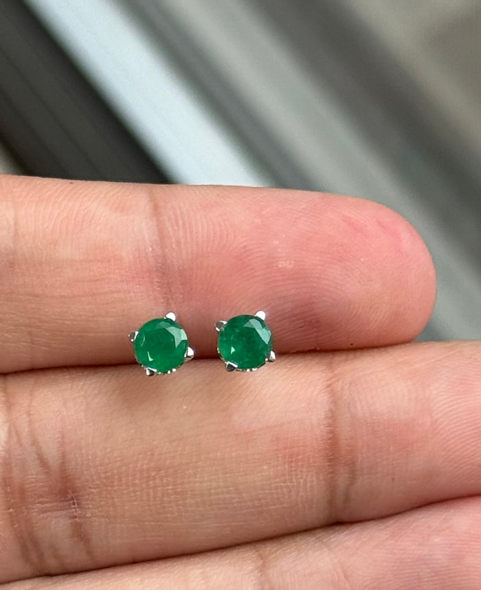 Natural Emerald Stud Earrings, 18K White Gold, 5mm Round AA Emerald, Scroll Design, Gemstone Jewelry, Gift for Her