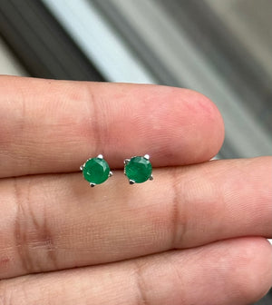 Natural Emerald Stud Earrings, 18K White Gold, 5mm Round AA Emerald, Scroll Design, Gemstone Jewelry, Gift for Her