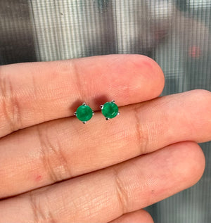 Natural Emerald Stud Earrings, 18K White Gold, 5mm Round AA Emerald, Scroll Design, Gemstone Jewelry, Gift for Her