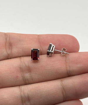 7x5 mm Natural Garnet Stud Earrings | 14K White Gold AAA Emerald Cut Gemstone Earrings