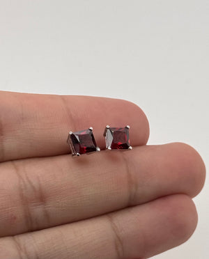6 mm Natural Garnet Stud Earrings | 14K White Gold AAA Princess Cut Gemstone Earrings Gift Idea