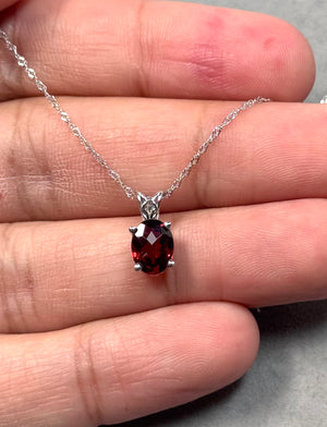 Oval Garnet Scroll Pendant 14K White Gold | AAA Red Garnet 1.35–2.15 Cts | January Birthstone Necklace Gift for Her