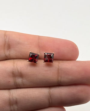 6 mm Natural Garnet Stud Earrings | 14K Yellow Gold AAA Princess Cut Gemstone Earrings Gift for Her