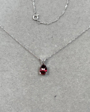 Oval Garnet Scroll Pendant 14K White Gold | AAA Red Garnet 0.95–1.25 Cts | January Birthstone Necklace Gift for Her