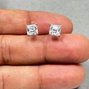 6mm Genuine Bling CZ Princess Cut Stud Earrings in Sterling Silver, Hearts & Arrows Cut Cubic Zirconia Earrings