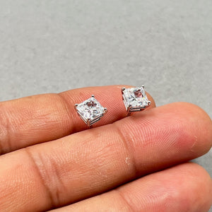 6mm Genuine Bling CZ Princess Cut Stud Earrings in Sterling Silver, Hearts & Arrows Cut Cubic Zirconia Earrings