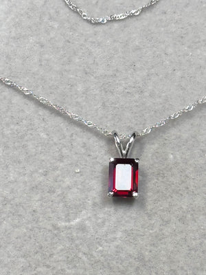 Natural Garnet Solitaire Pendant 1.60–2.05 CT Emerald Cut | 14K White Gold Garnet Necklace | January Birthstone Jewelry