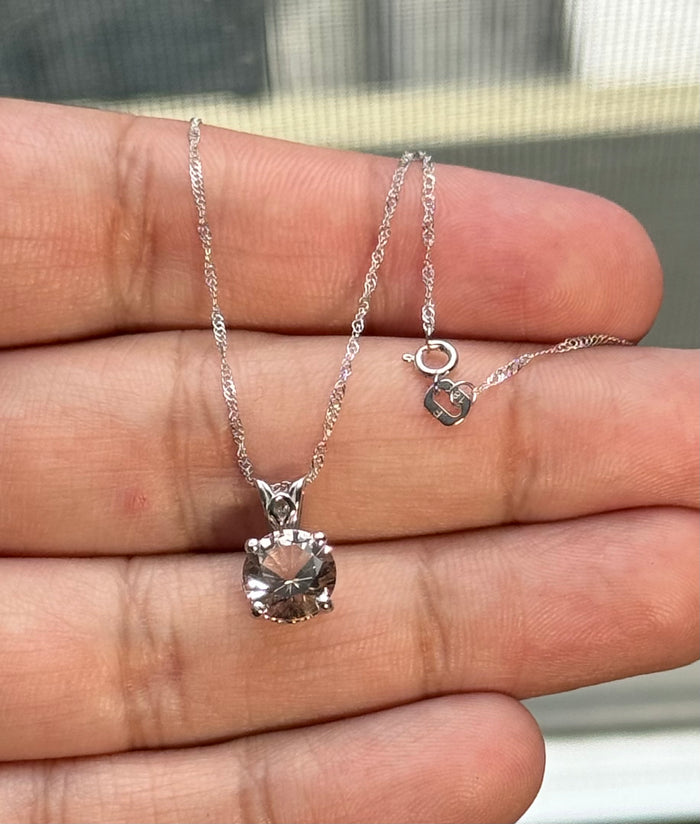 Morganite Scroll Solitaire Pendant 8mm Round | 1.4 to 1.88 Ct Peach Morganite in Platinum | 18K White Gold Chain | AAA Quality Gem
