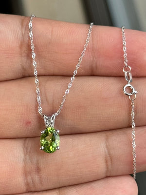 Natural Peridot Scroll Pendant – AAA Oval Cut 8x6mm, 1.14-1.45 Carat in Platinum with 18K White Gold Chain – Green Gemstone Jewelry
