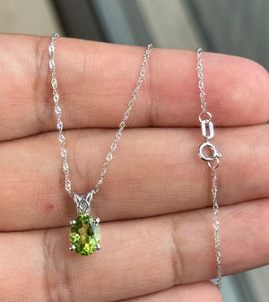 Natural Peridot Scroll Pendant – AAA Oval Cut 8x6mm, 1.14-1.45 Carat in Platinum with 18K White Gold Chain – Green Gemstone Jewelry