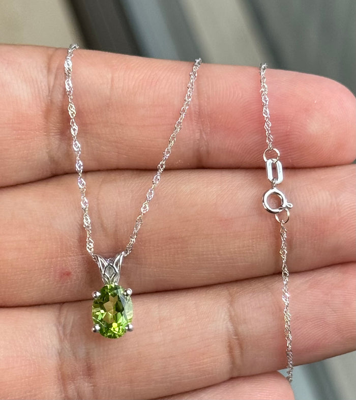 Natural Peridot Scroll Pendant – AAA Oval Cut 8x6mm, 1.14-1.45 Carat in Platinum with 18K White Gold Chain – Green Gemstone Jewelry