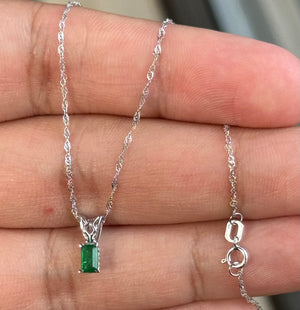 Natural Emerald Pendant 5x3mm – AA Grade Emerald Cut Scroll Solitaire in Platinum – May Birthstone Necklace – Dainty Necklace
