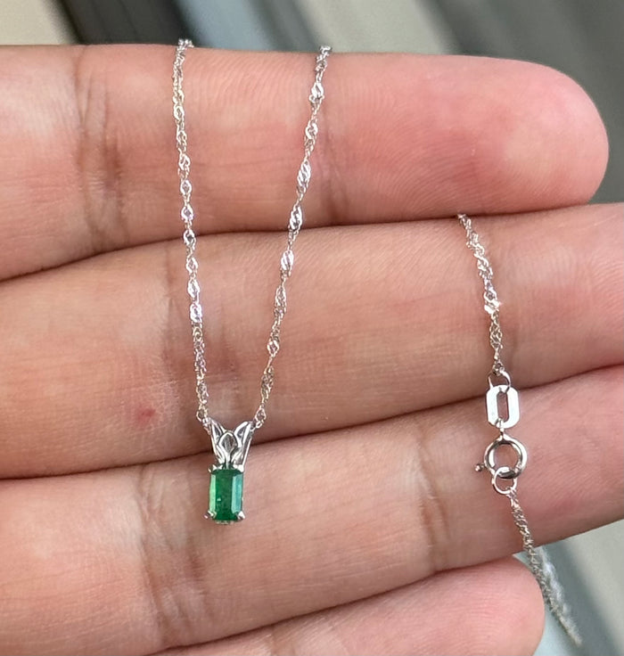 Natural Emerald Pendant 5x3mm – AA Grade Emerald Cut Scroll Solitaire in Platinum – May Birthstone Necklace – Dainty Necklace