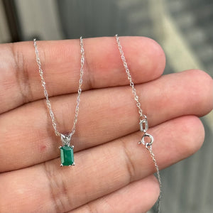 Natural Emerald Pendant 6x4mm – AA Grade Emerald Cut Scroll Solitaire in Platinum – May Birthstone Necklace – Dainty Necklace