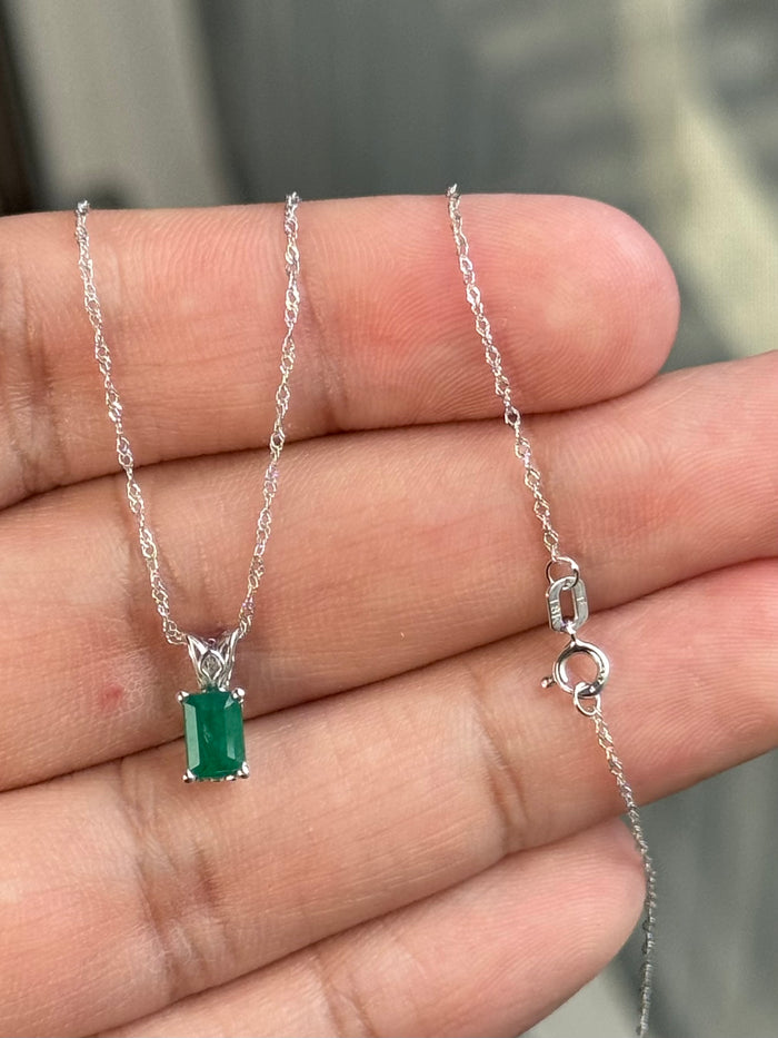 Natural Emerald Pendant 6x4mm – AA Grade Emerald Cut Scroll Solitaire in Platinum – May Birthstone Necklace – Dainty Necklace